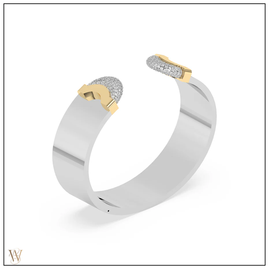 Doppia Luna Wide Cuff- Silver/Gold with Diamond Pave
