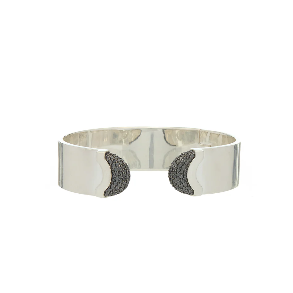 Doppia Luna Wide Cuff - Silver with Black Diamond Pave