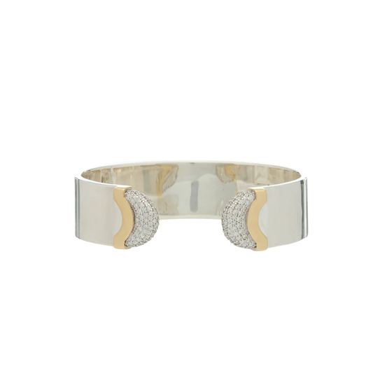 Doppia Luna Wide Cuff- Silver/Gold with Diamond Pave